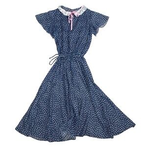 Vintage 80s Prairie Dress Navy Floral Lace Collar Midi Cottagecore S Navy Blue